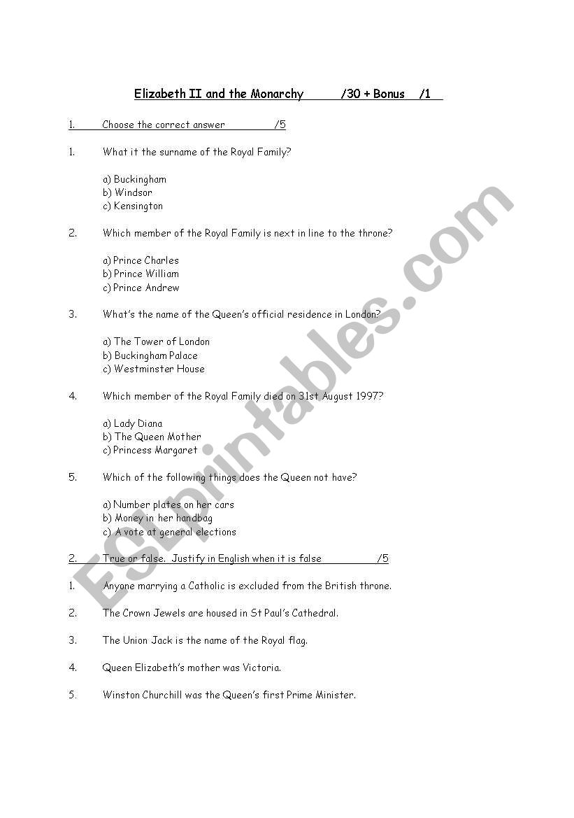 Queen Elizabeth II worksheet