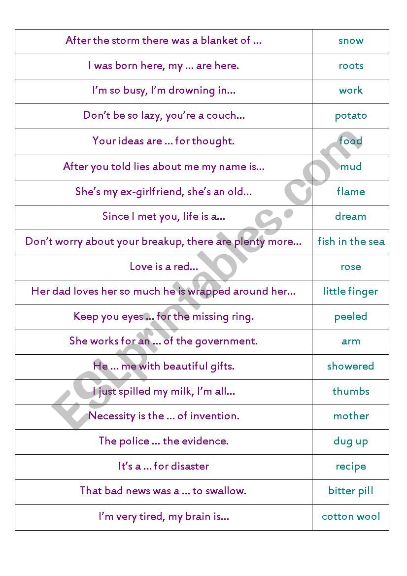 Metaphor match worksheet