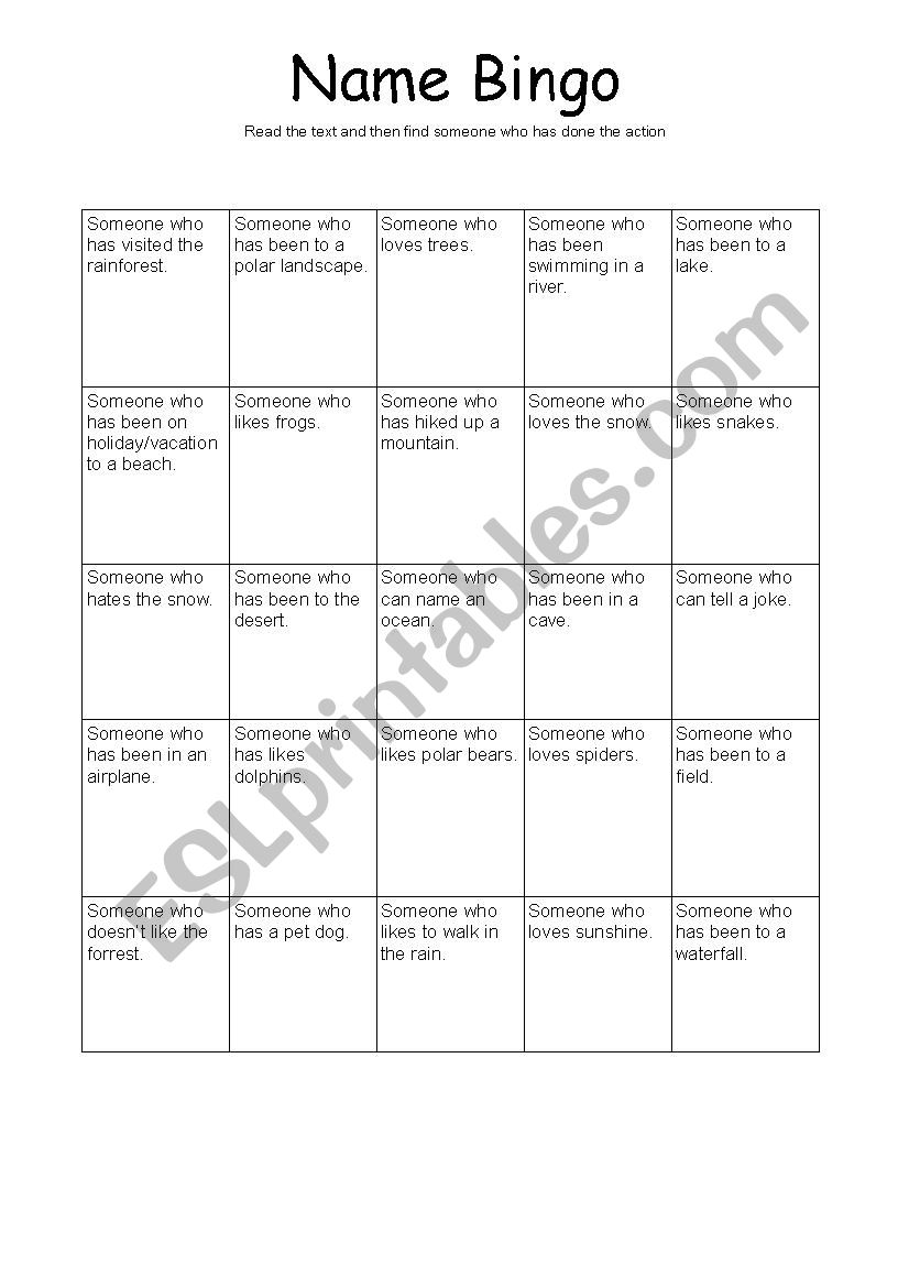 Name Bingo worksheet