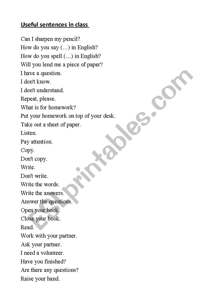 Useful sentences in class worksheet