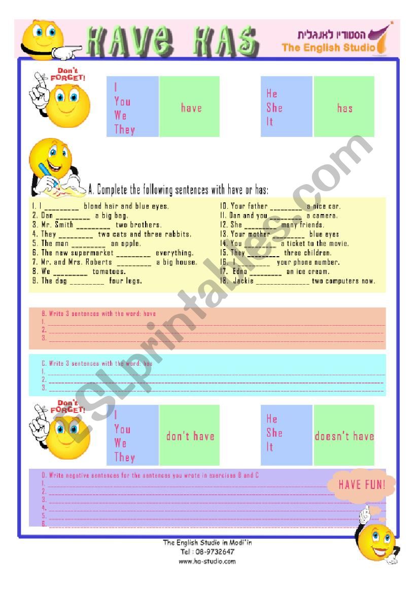 grammar have has practise worksheet