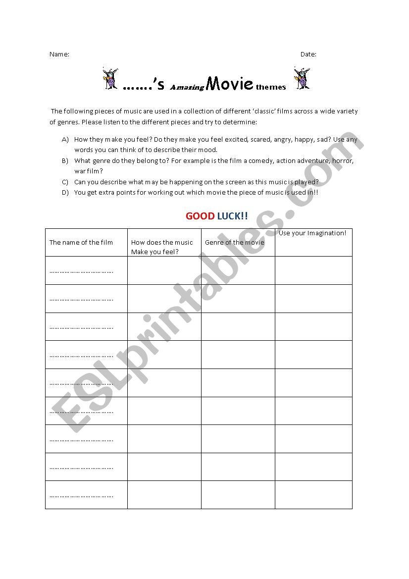 Movie themes worksheet worksheet