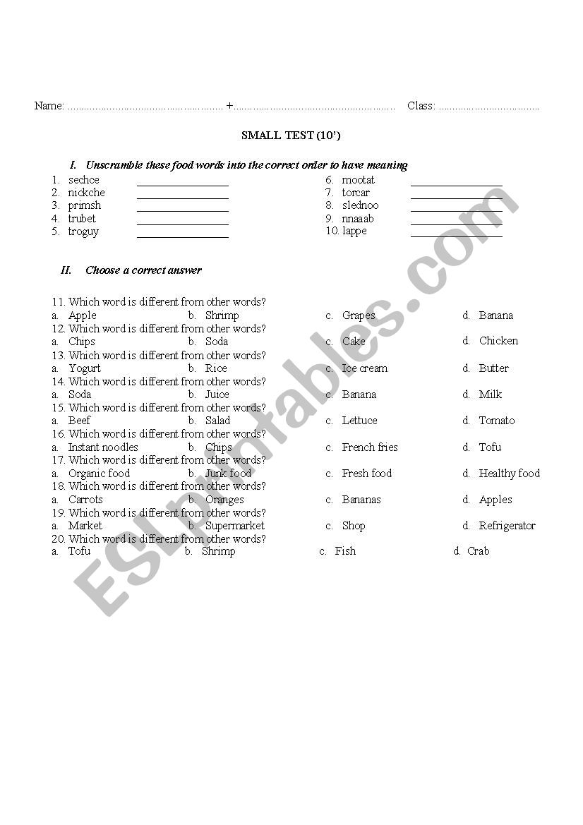 Food-vocabulary test worksheet