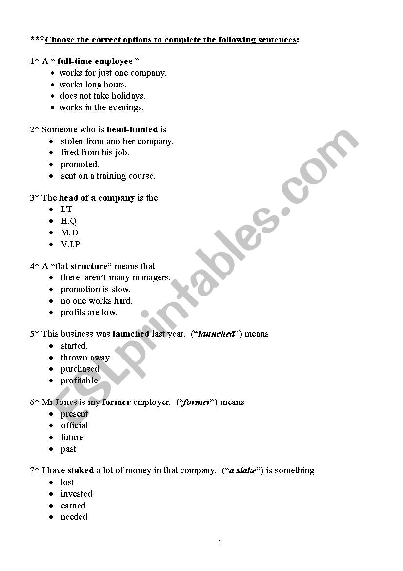 multiple choice questions about business terms