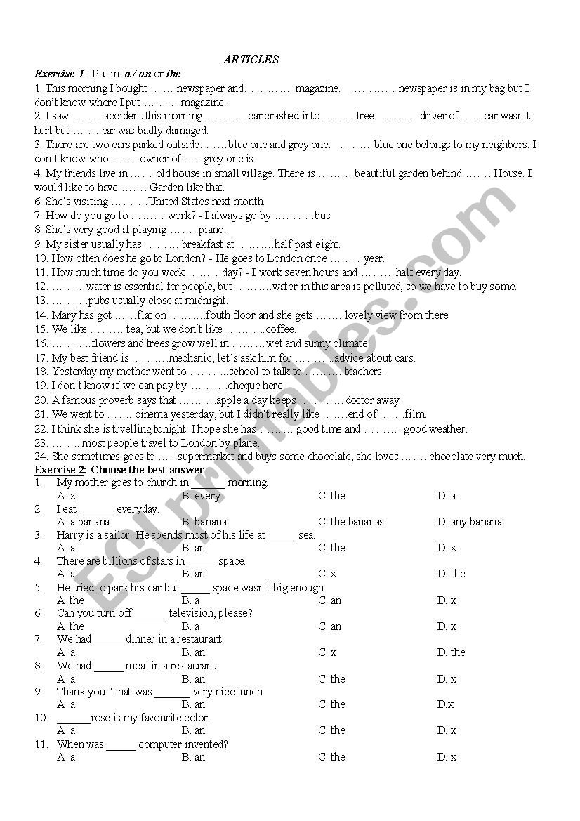 Articles worksheet