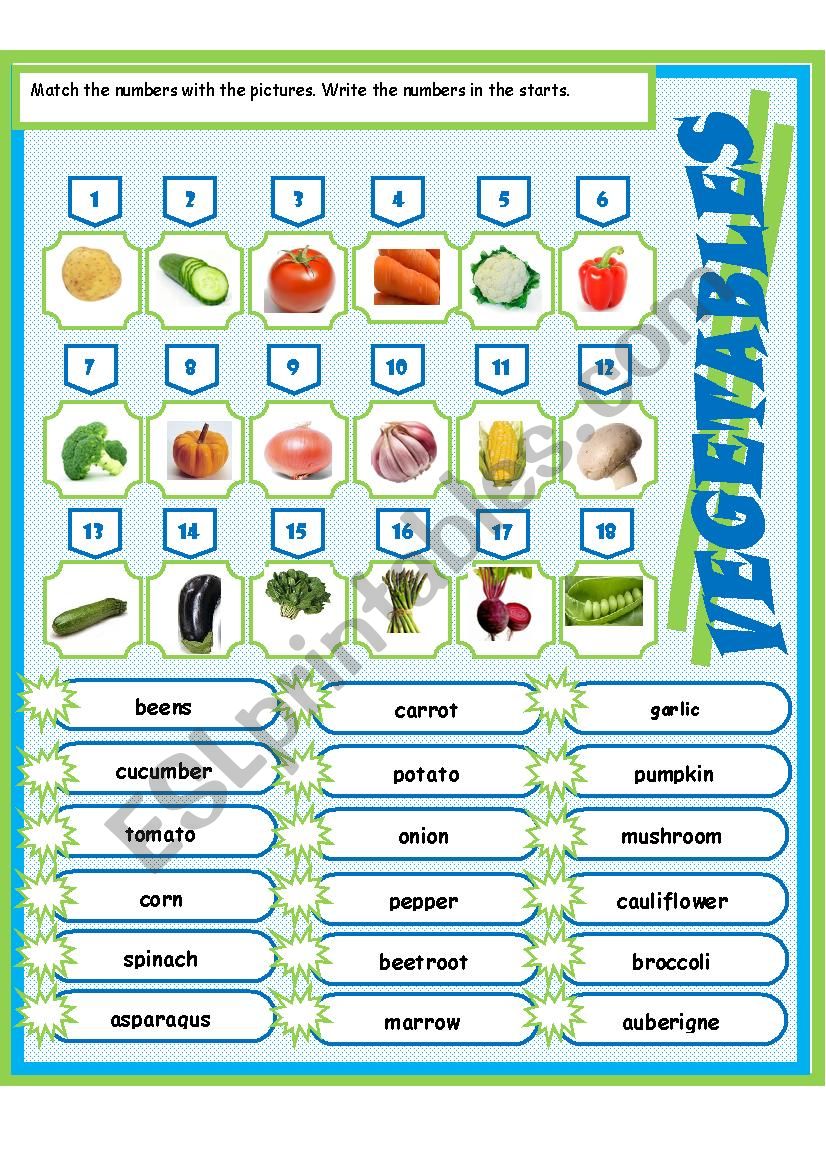 Vegetables matching worksheet