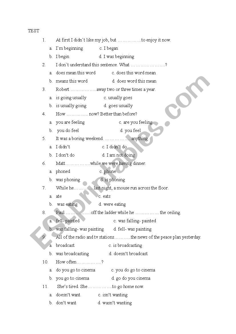 grammar test worksheet