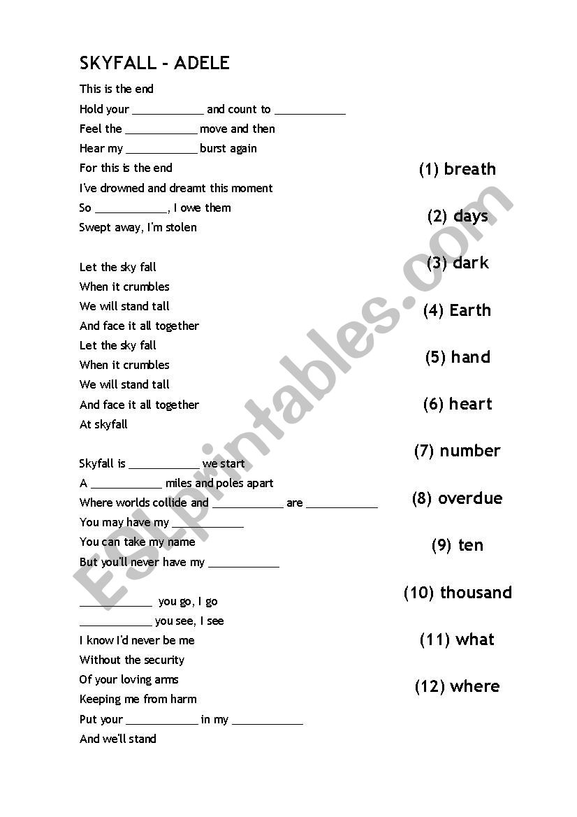 Skyfall lyrics - by Adele worksheet