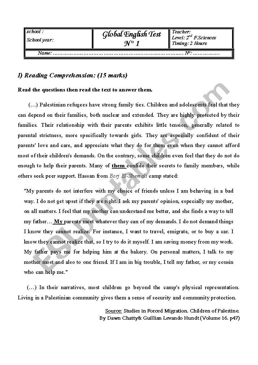 Global English Test  NÂ° 1 2nd Form (Reading comprehension, language,&writing)