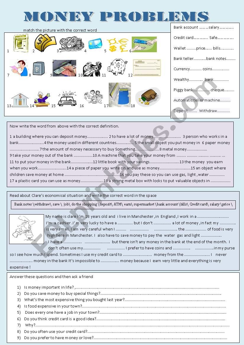 money problems worksheet