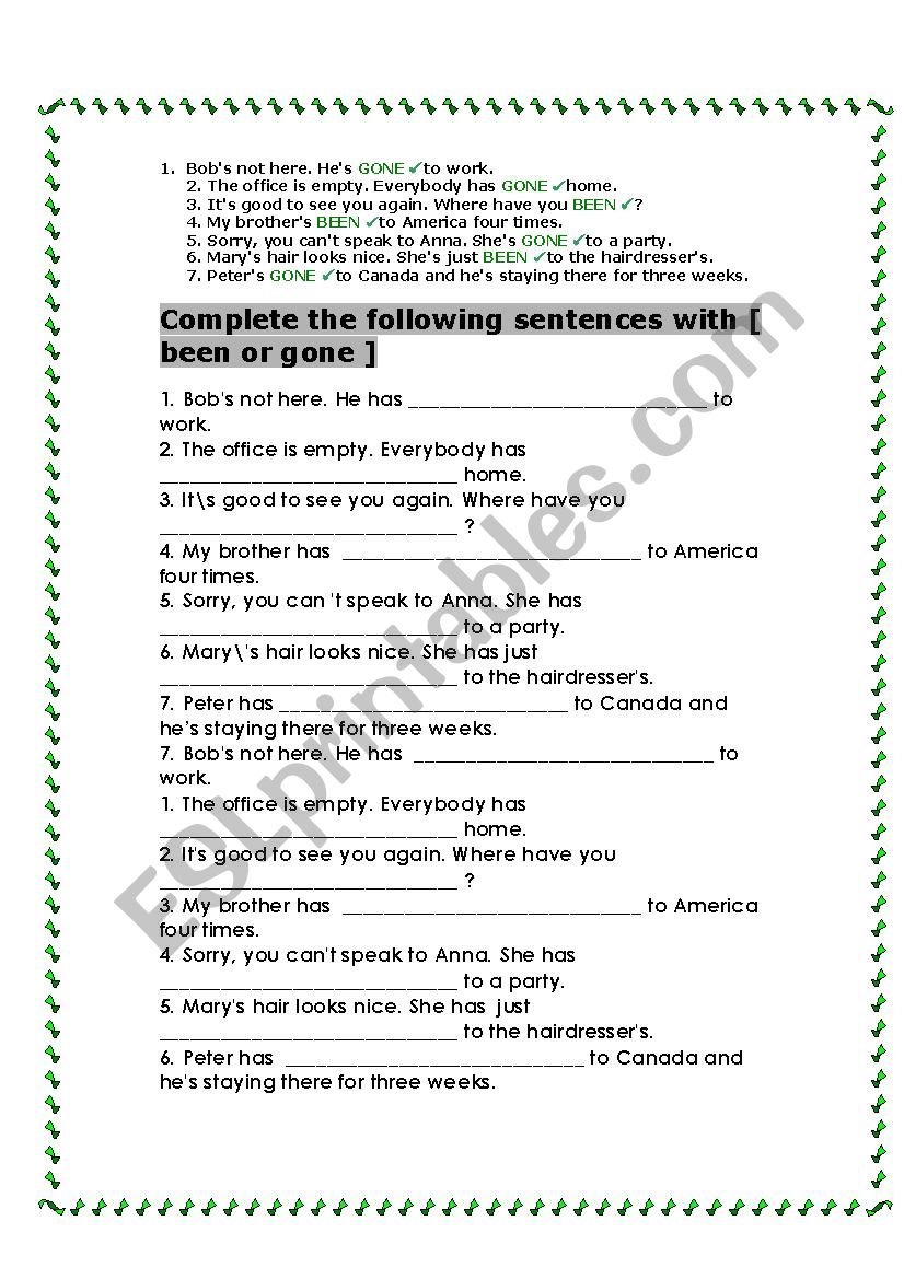 has been or gone  worksheet