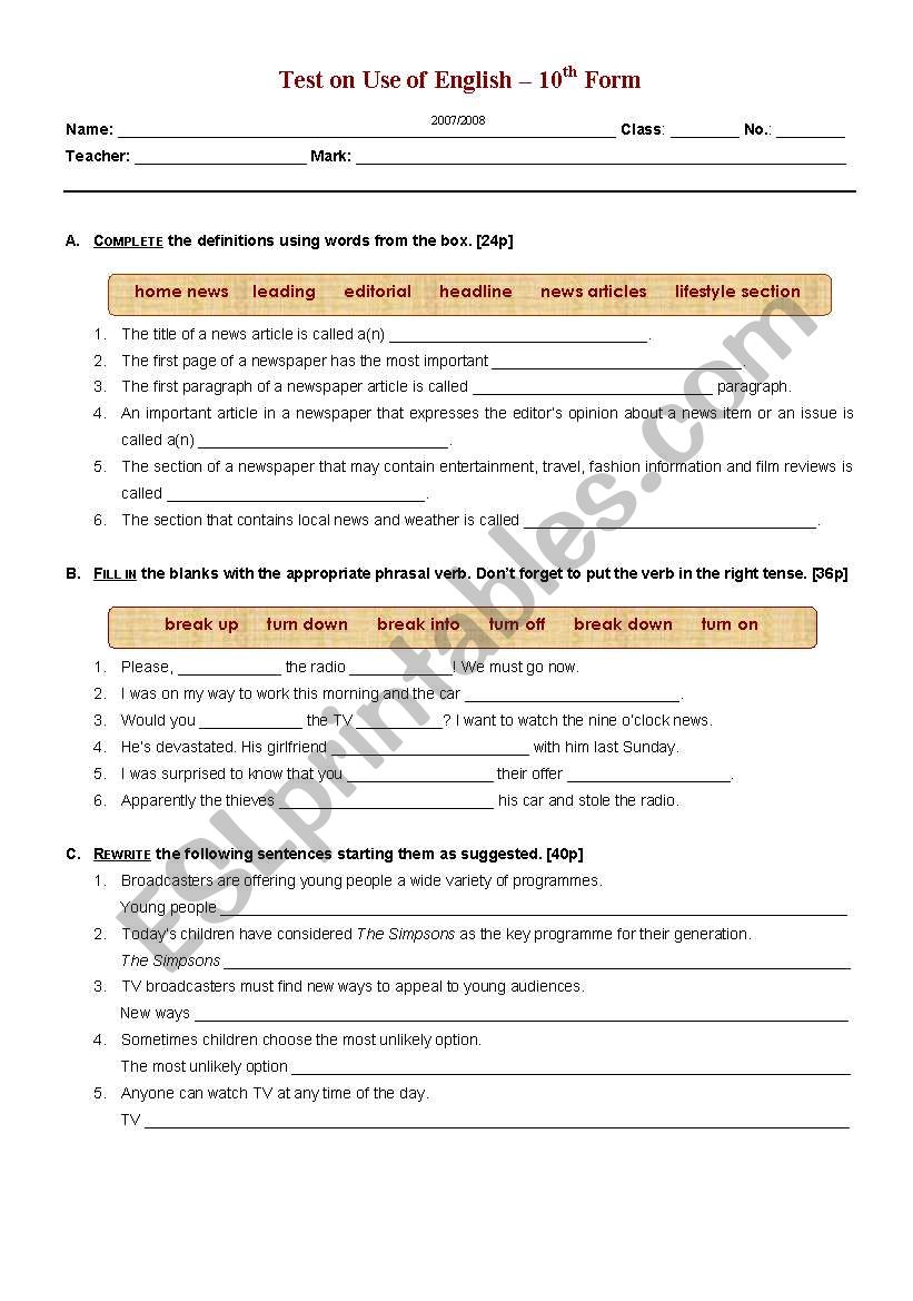 Test on Use of English worksheet