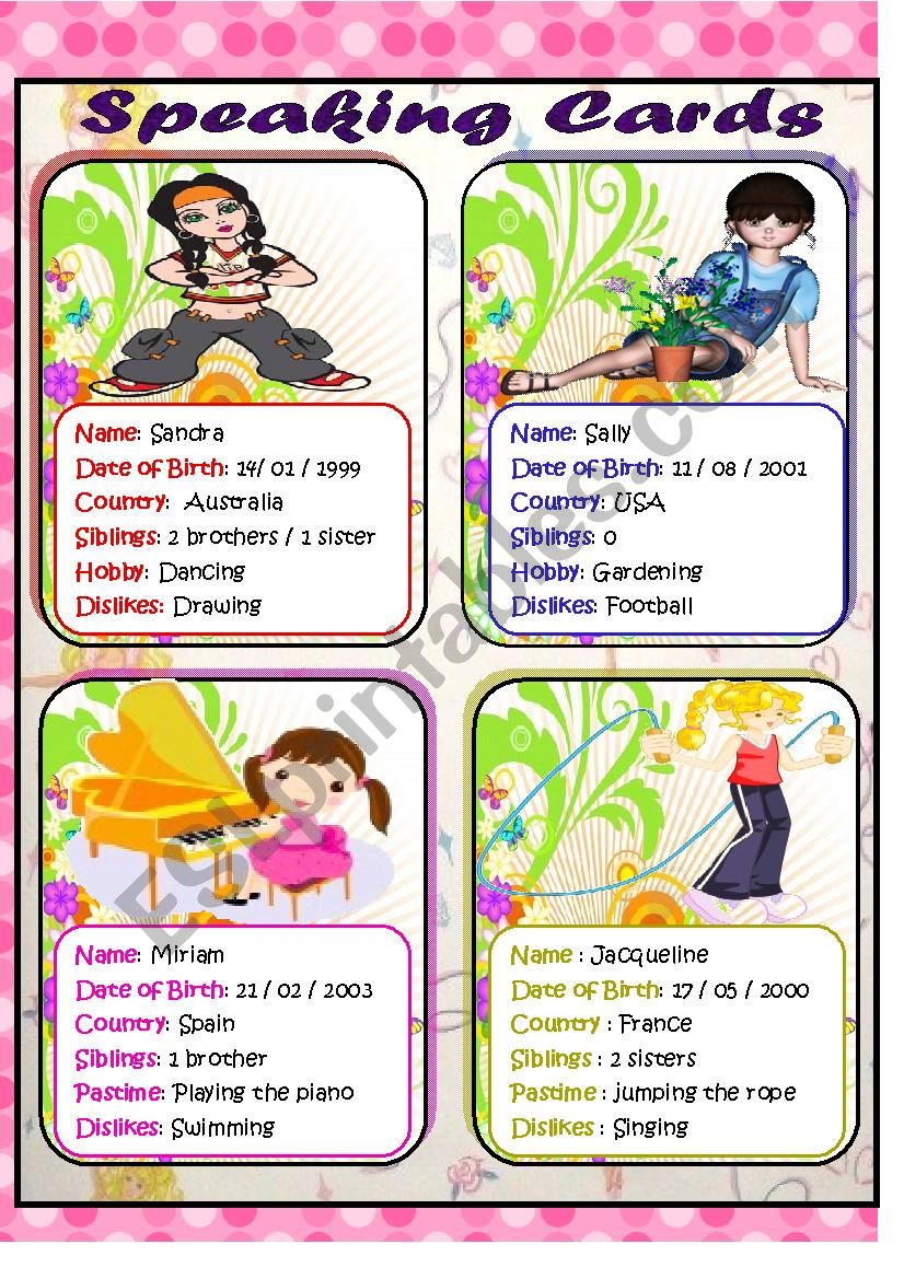 SPEAKING CARDS (1) / Personal Information about some girls (2 PAGES)