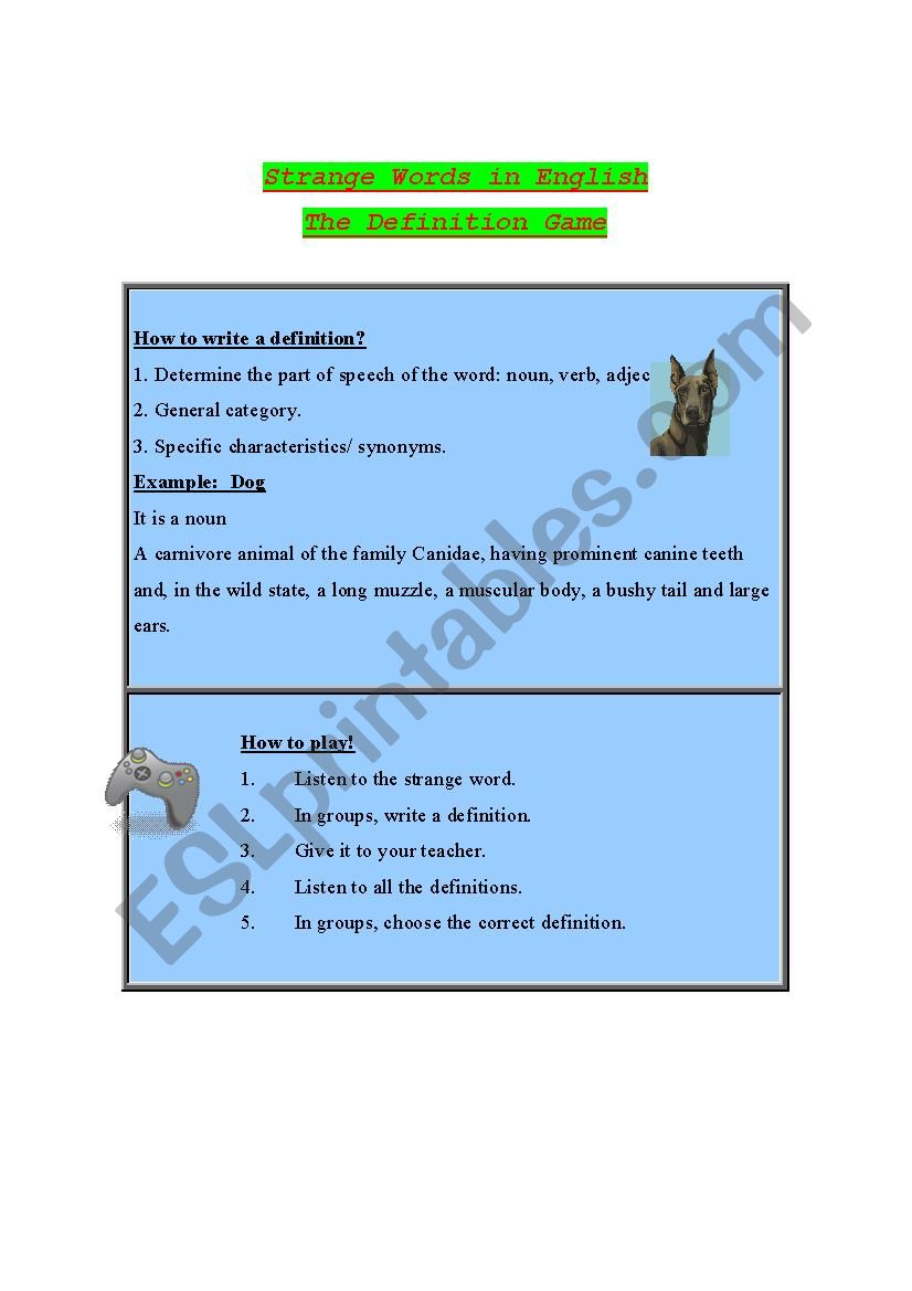 Definition game worksheet