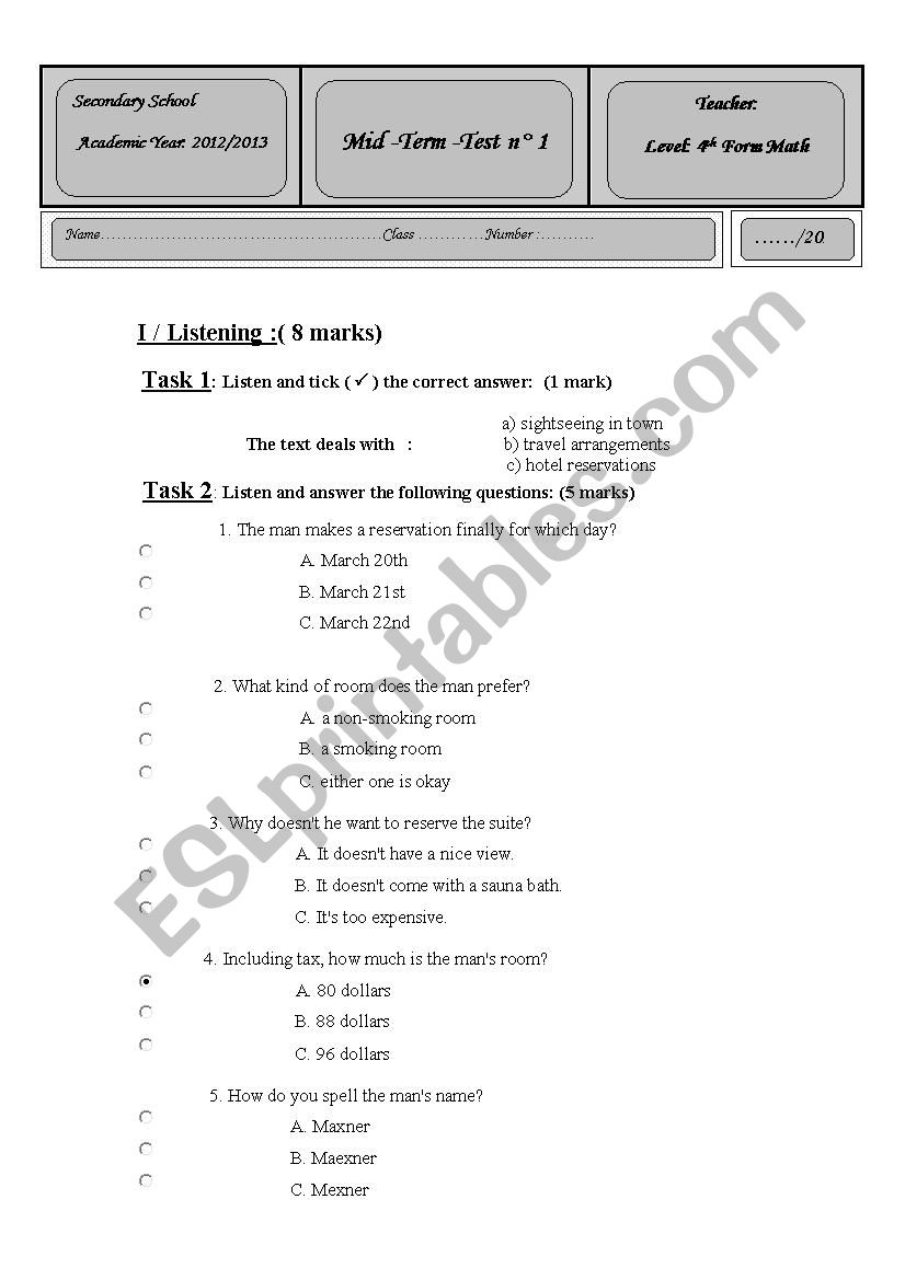 mid term test 1 Bac worksheet