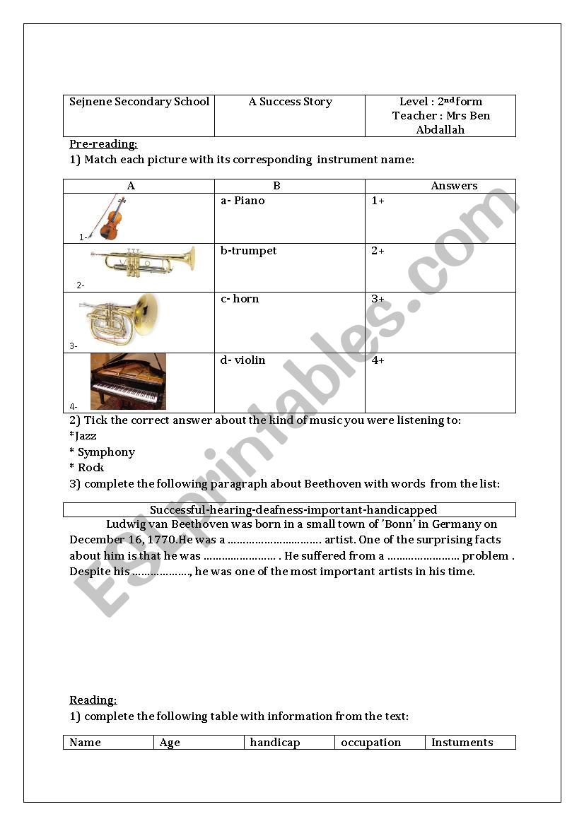 A Success Story worksheet