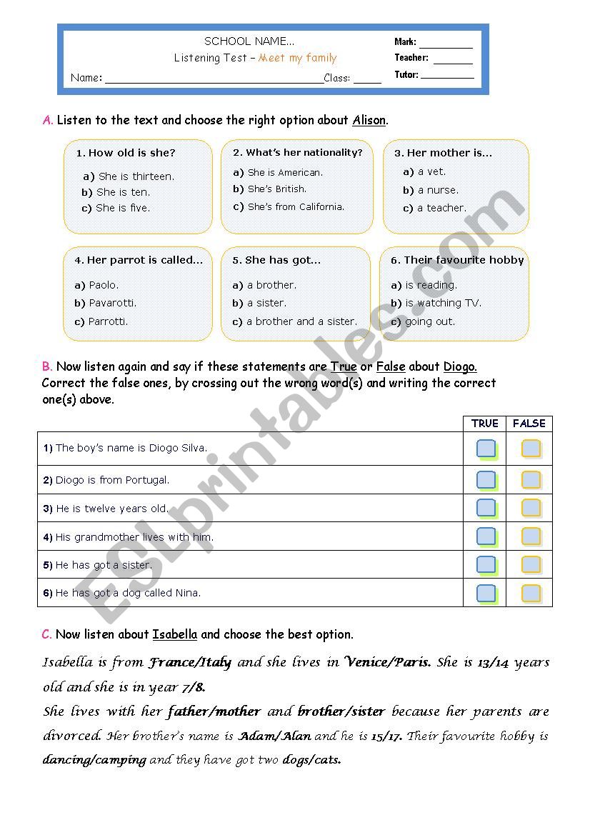 listening test - Meet my family