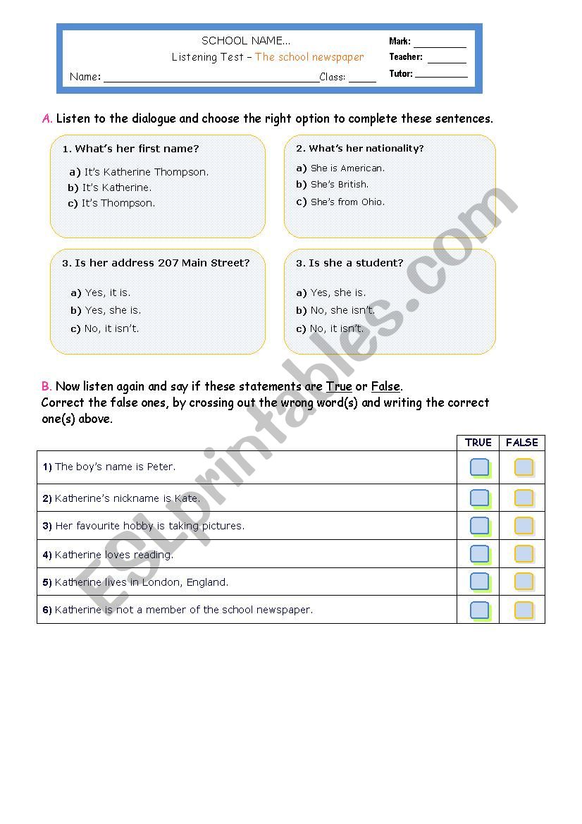 listening test - the school newspaper