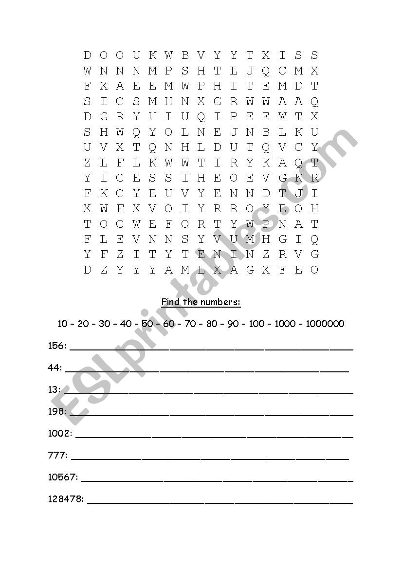 Word search the numbers worksheet