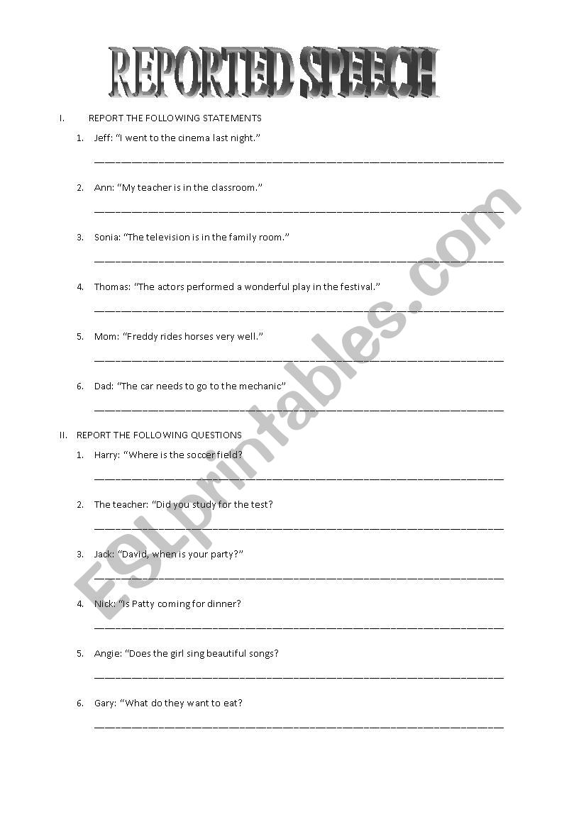 Reported Speech worksheet