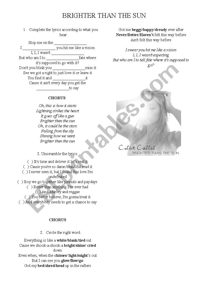 Brighter than the sun worksheet