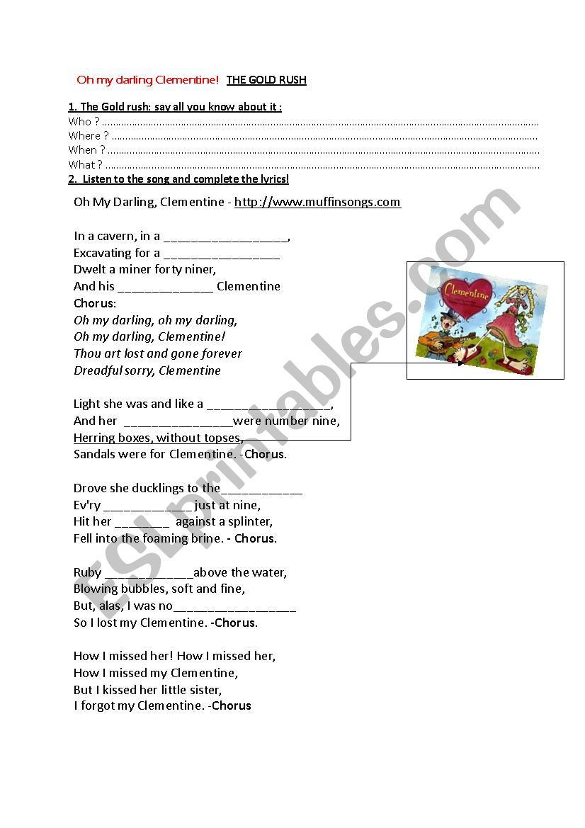 Oh My Darling Clementine Esl Worksheet By Amelrem