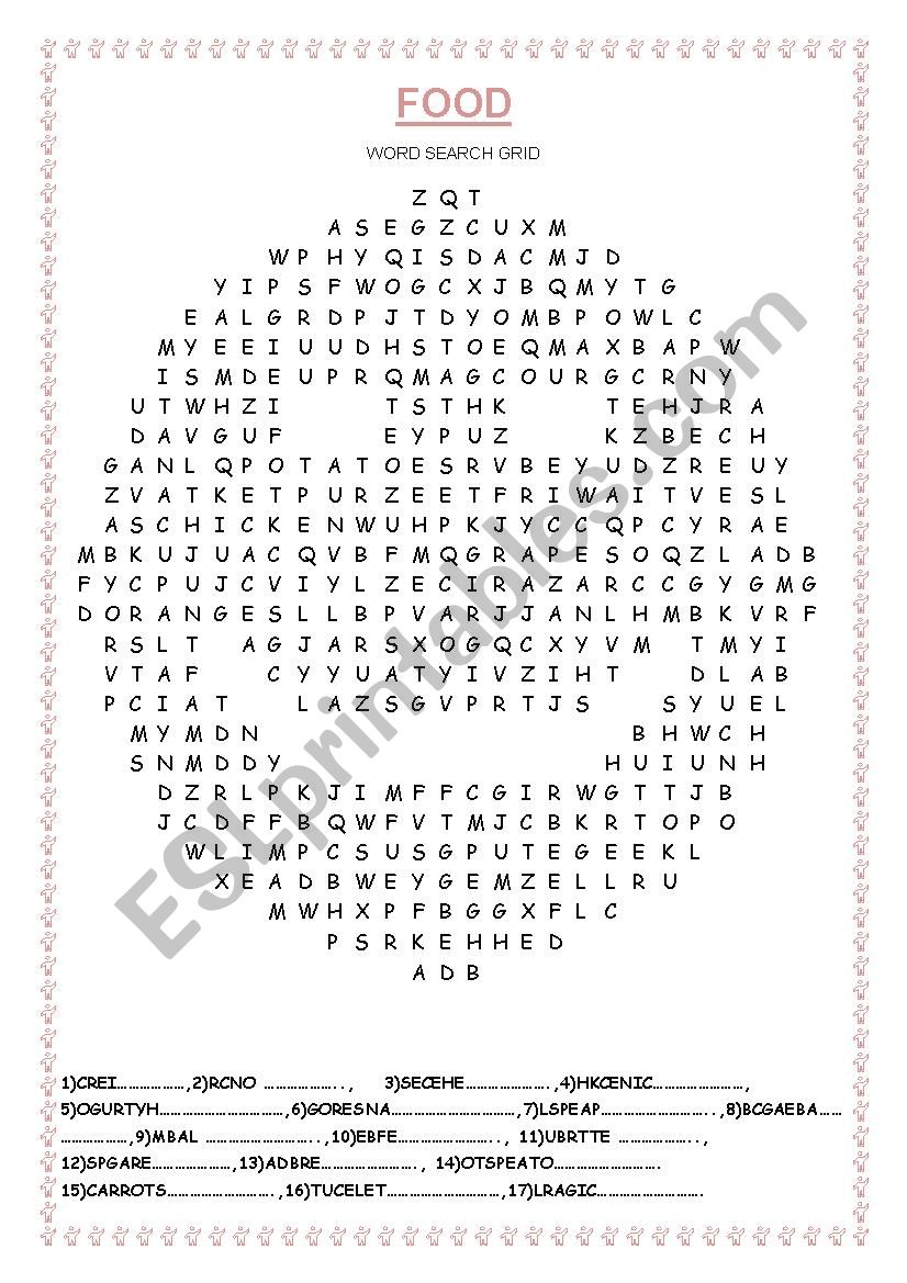 Food word search grid worksheet