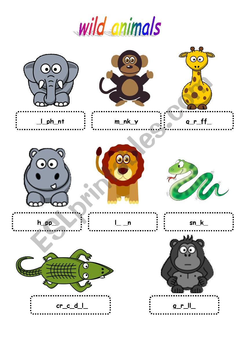 wild animals vowels writing worksheet