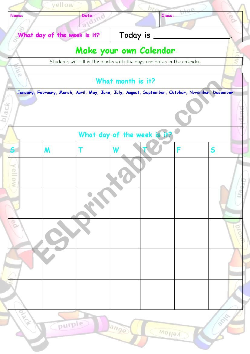 Make your own calendar worksheet