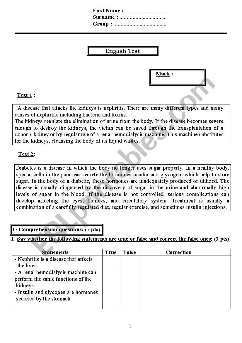 test about medical english worksheet