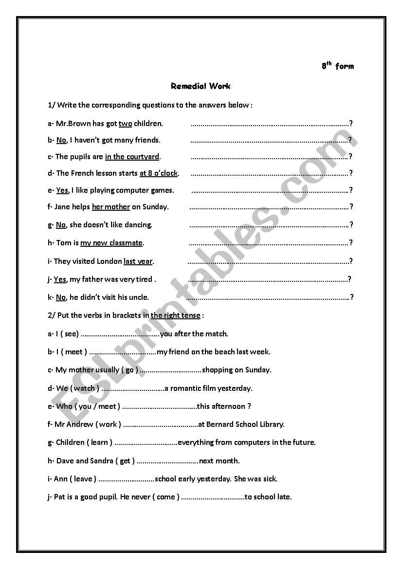 Remedial work worksheet