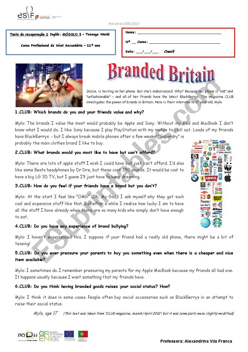 Test B - Branded Britain  worksheet