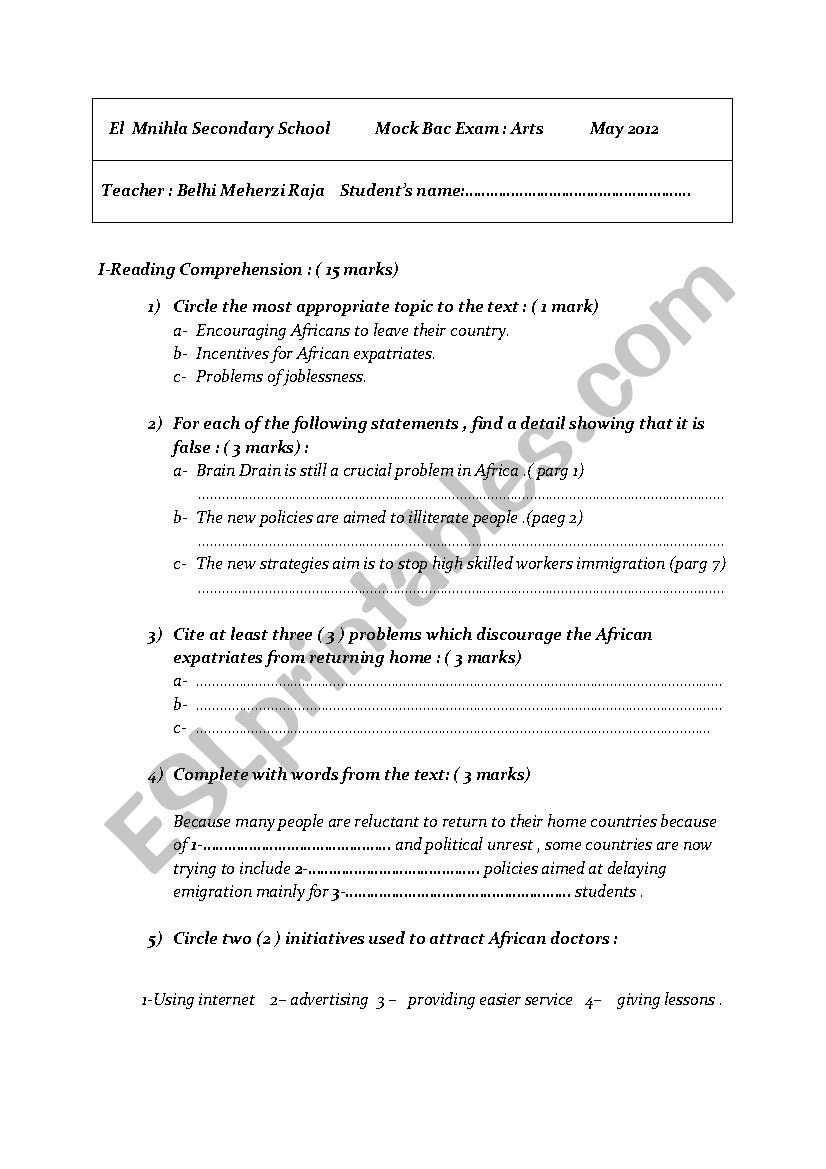 mock bac exam worksheet