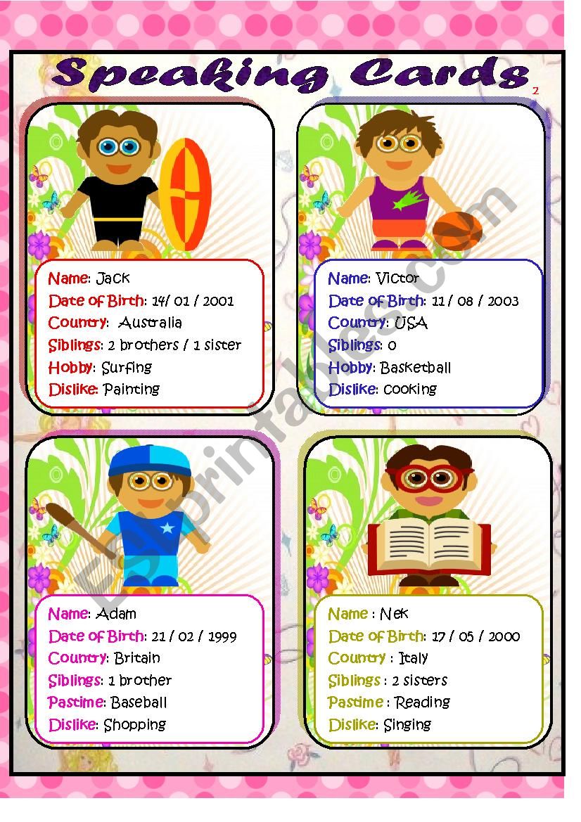 SPEAKING CARDS (2) / Personal Information about some boys (2 PAGES)