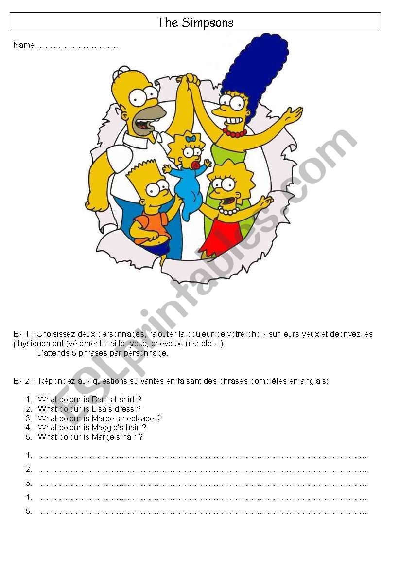 Simpsons family worksheet