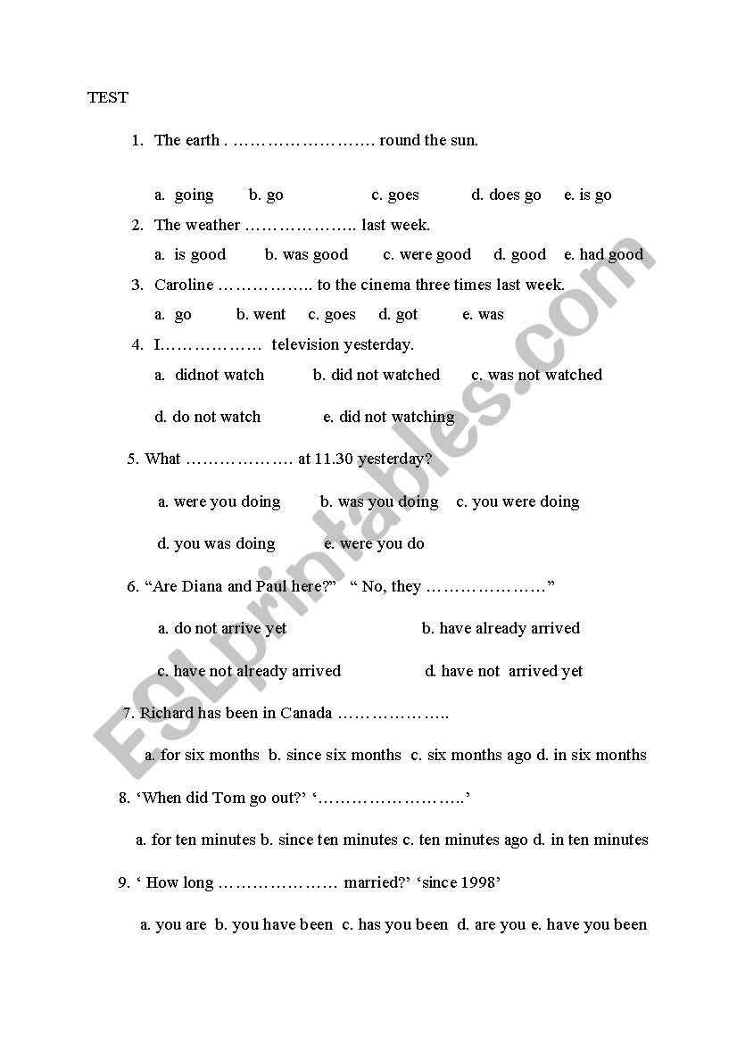 multible choice test worksheet