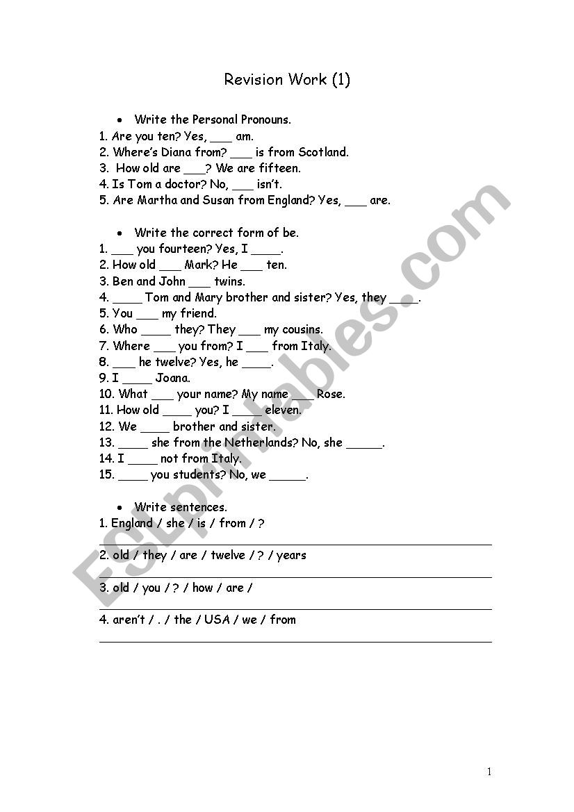Revision work  worksheet