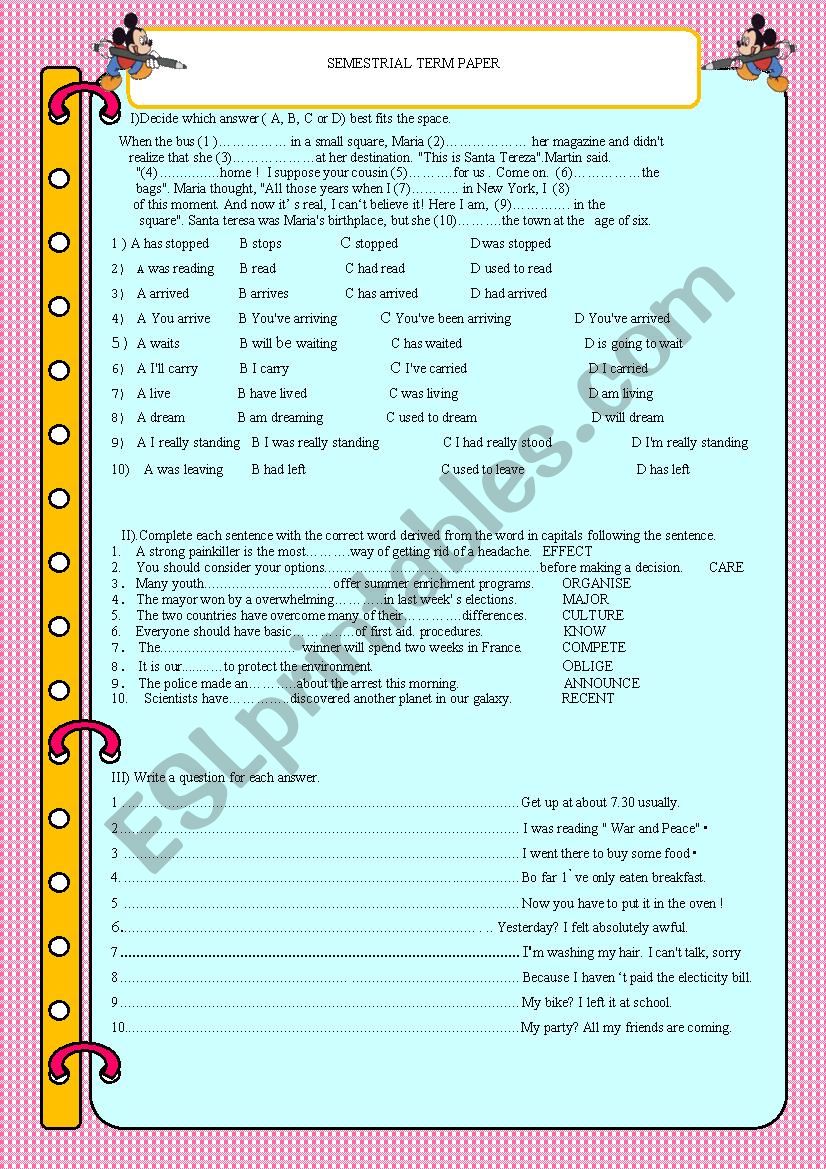 SEMESTRIAL TEST PAPER,PART 1 worksheet