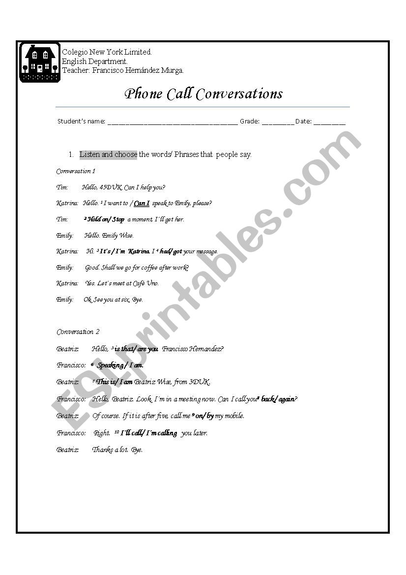 Phone conversation worksheet