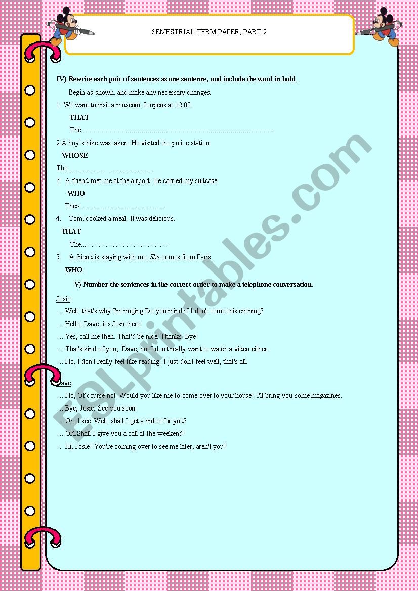 SEMESTRIAL TEST PAPER,PART 2 worksheet