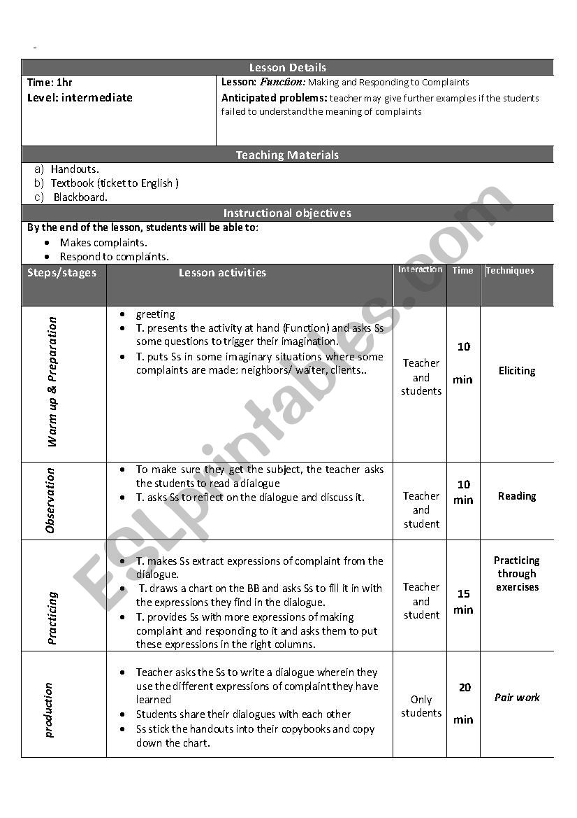 complaint lesson plan worksheet