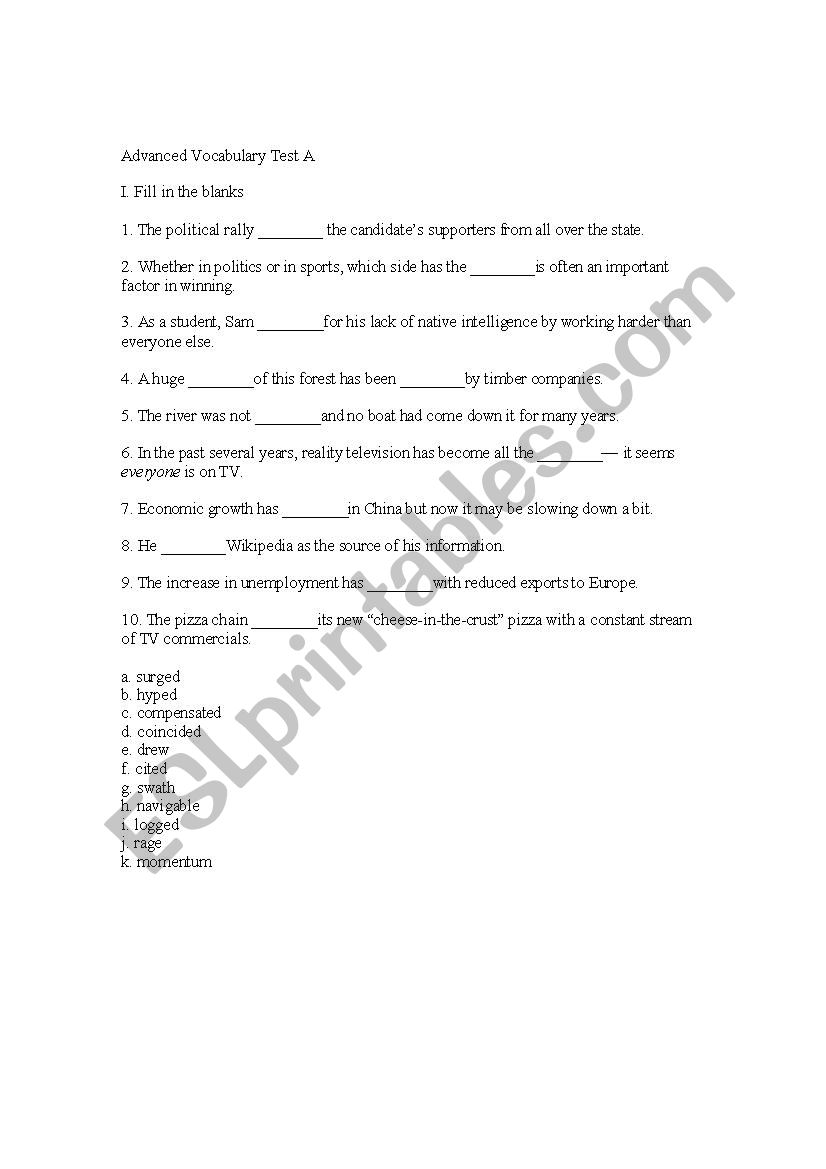 Advanced Vocabulary A worksheet