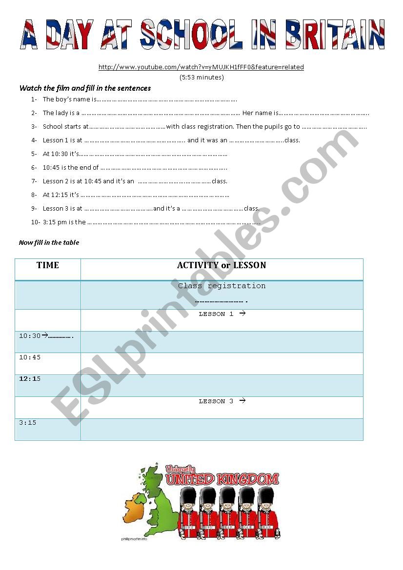 A Day at School in Britain worksheet