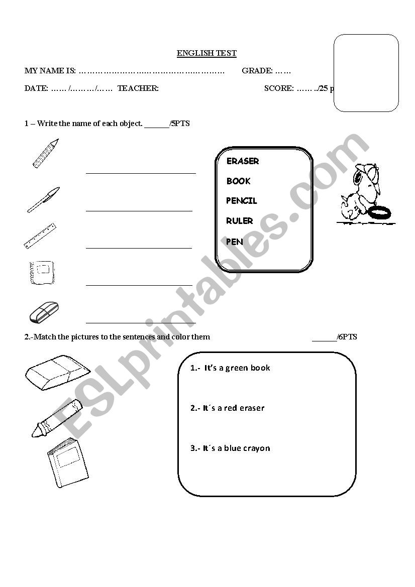 test school objects worksheet