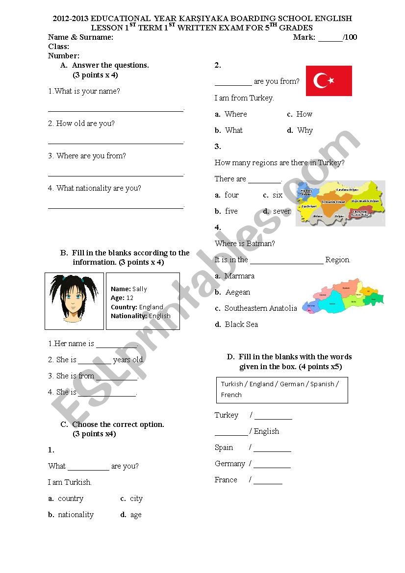 Exam for 5th grades worksheet