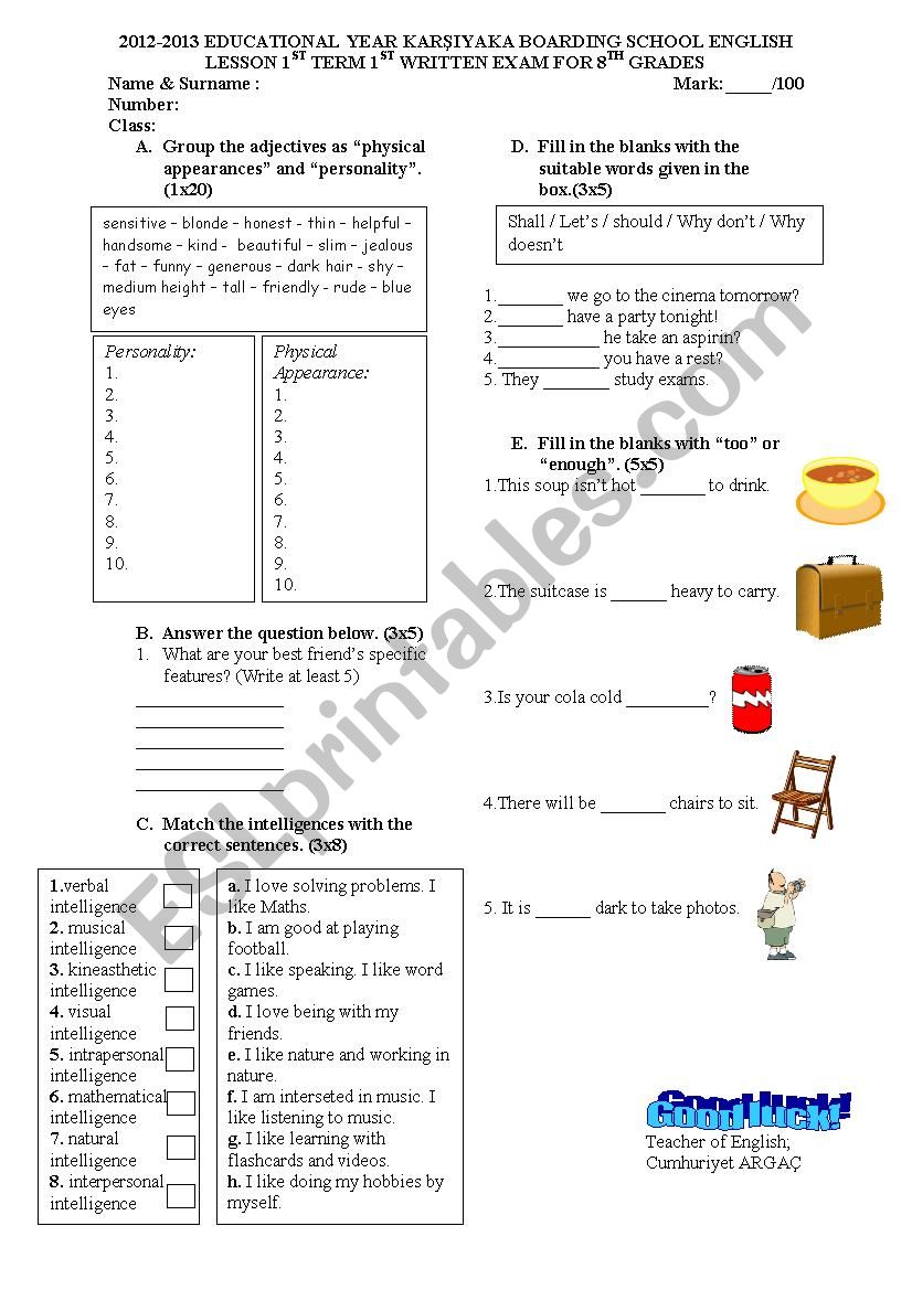 Exam for 8th grades worksheet