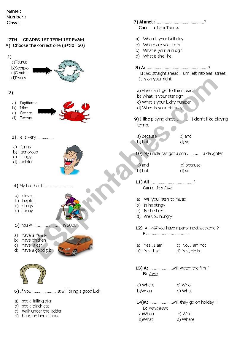 7 th grade 1st term 1st exam worksheet