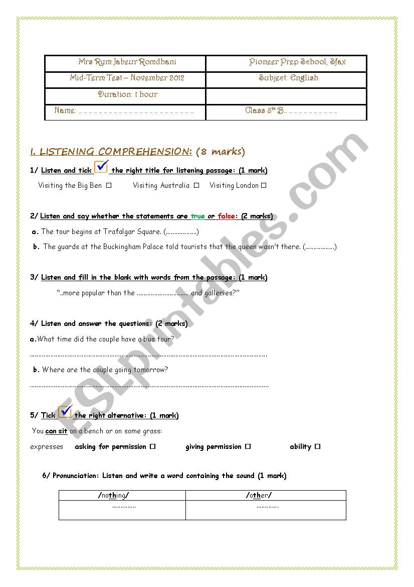 mid term test n 1 8 th form worksheet