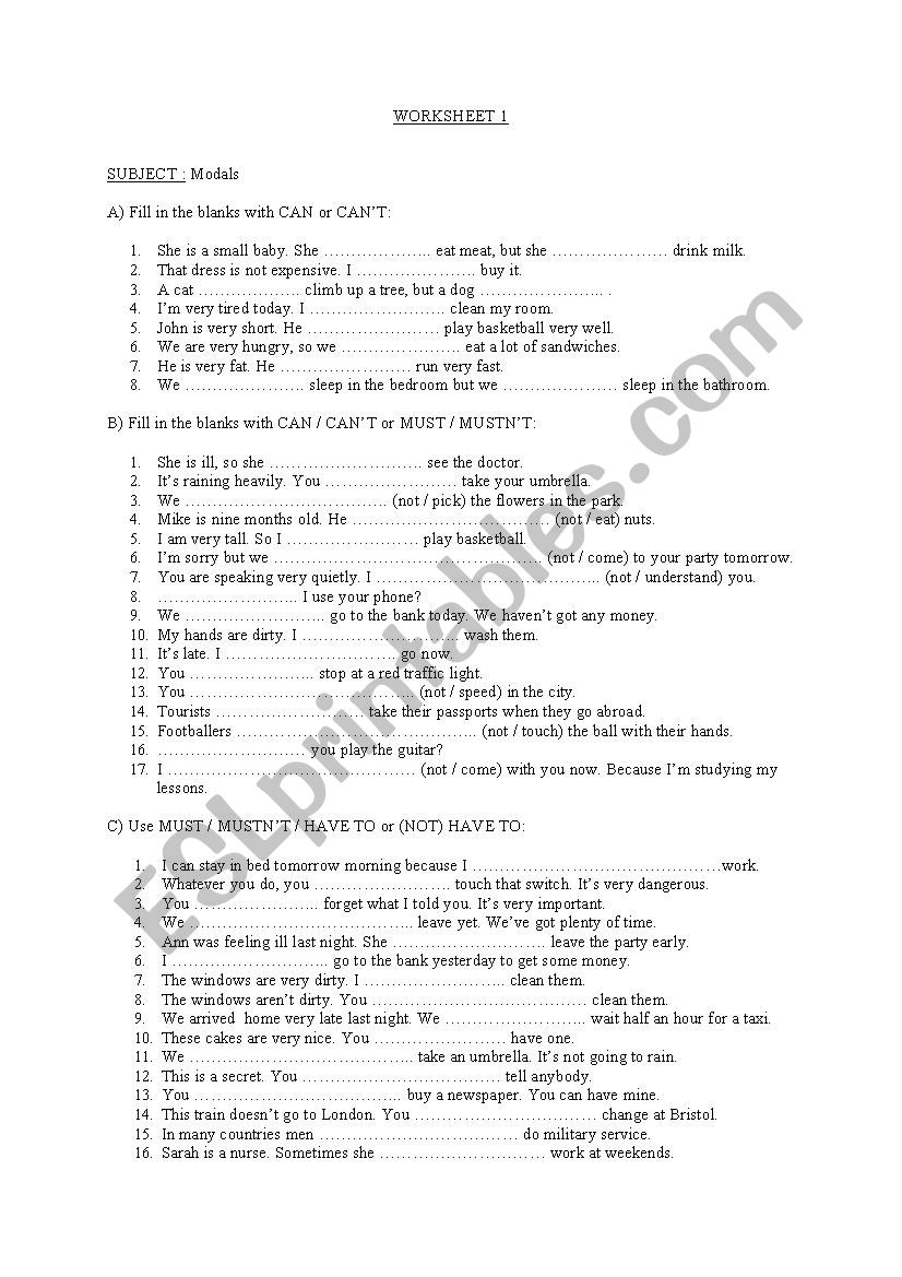 modals worksheet