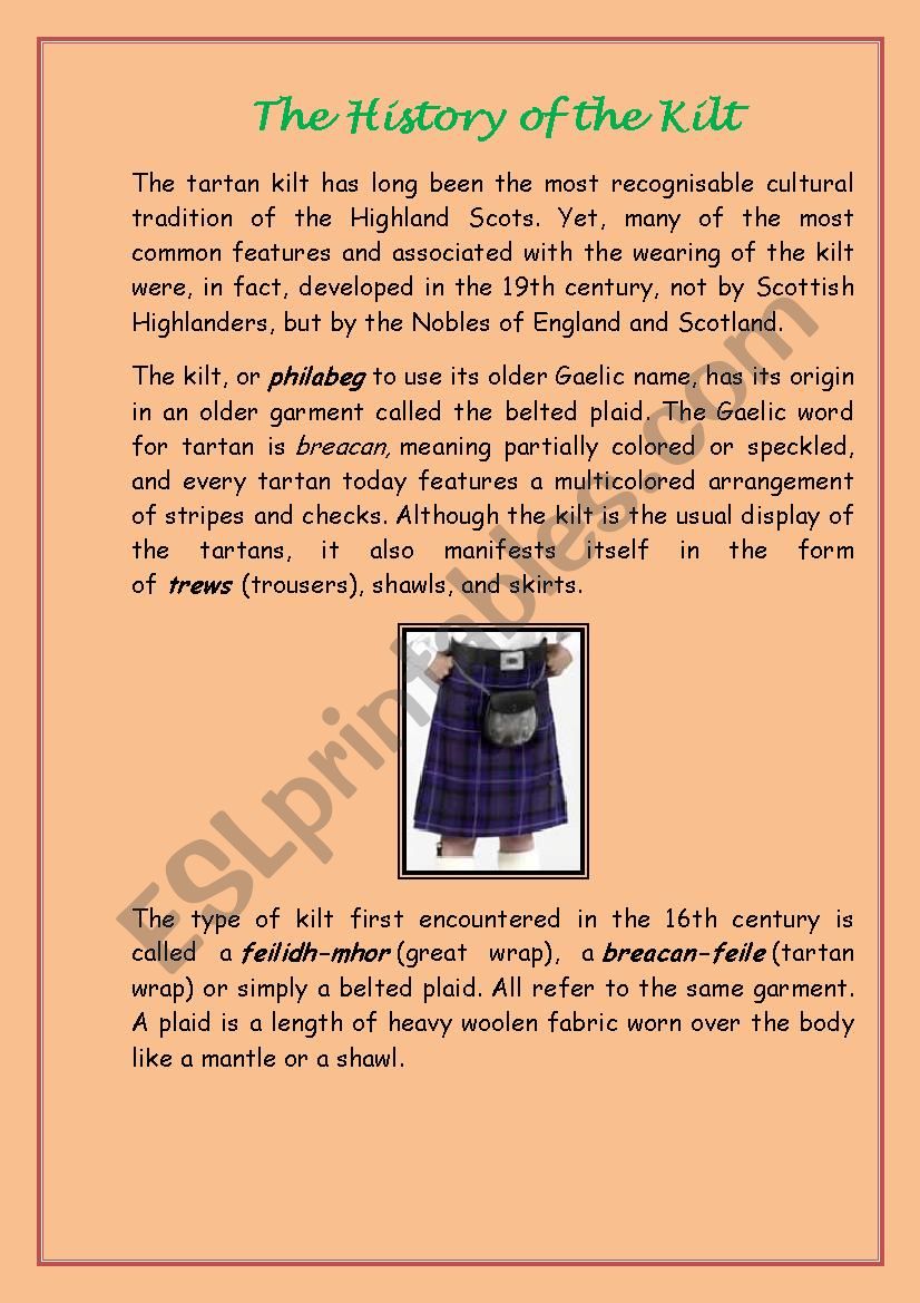 The History of the Kilt worksheet